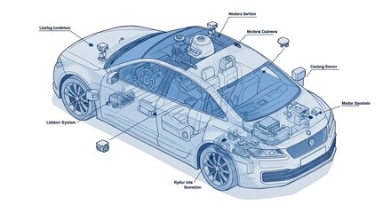 Detailed Isometric Illustration of Autonomous Vehicle Technology and Sensors