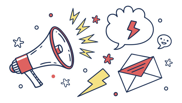 A handdrawn illustration featuring a megaphone, lightning bolts, stars, and an envelope, , perfect for marketing and communication themes
