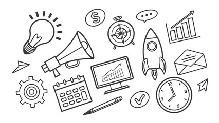 Handdrawn illustration with lightbulb, megaphone, rocket, computer, and clock, representing business, strategy, and technology concepts