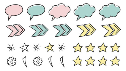 Collection of pastelcolored handdrawn doodle speech bubbles, arrows, and stars, perfect for adding a cute and playful touch to designs