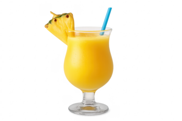 Refreshing pineapple cocktail with blue straw on transparent background