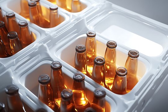 Beer bottles stored in white plastic crates-Multiple amber beer bottles arranged neatly inside white plastic crates, illuminated by bright light, ready for storage or distribution.