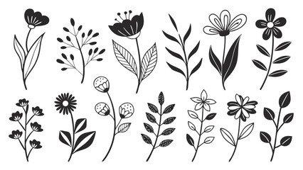 Collection of hand drawn flowers, leaves, and branches for botanical illustrations, decorative elements, and graphic designs in vector format