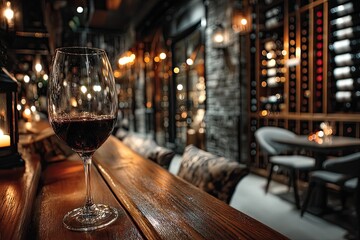 Obraz premium Red Wine in Glass Reflects Cozy Restaurant Interior With Soft Lighting.