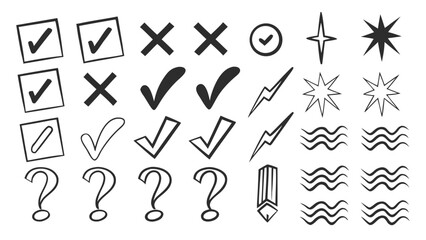 Collection of handdrawn check marks, crosses, question marks, waves, lightning bolts, and stars, perfect for adding a touch of whimsy