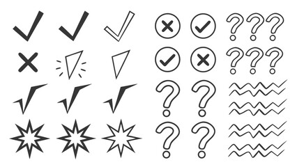 Hand drawn check marks, crosses, question marks, stars and zigzags tick and cross signs, right and wrong choices, voting symbols vector illustration