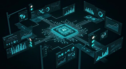 Futuristic AI Processor with Data Visualization and Traffic Signals