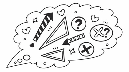 Obraz premium Handdrawn doodle illustration featuring arrows, hearts, stars, triangles, and a question mark, perfect for adding a creative touch to any design