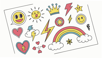 Colorful cartoon stickers with rainbow, heart, lightning bolt, star, cloud, crown, and emoji for decoration, design, and illustration