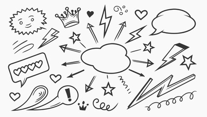 Hand drawn doodle elements for design vector sketch illustration of speech bubbles, clouds, stars, arrows, crown, heart and other decorative shapes