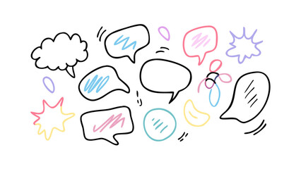 Hand drawn speech bubbles, a vibrant collection of cartoonish talk balloons in various shapes and colors, perfect for adding a playful touch