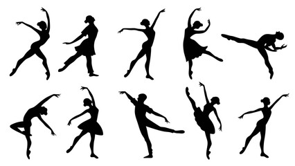 Diverse silhouettes of ballet dancers in dynamic poses, capturing the energy and artistry of dance