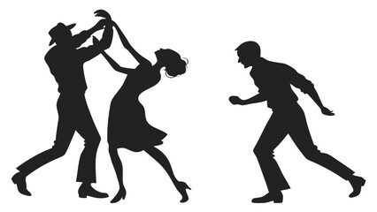 Silhouette of a dancing couple with a man running away, , portraying a scene of conflict, drama, and the complexities of relationships