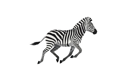 Stylized depiction of a zebra in full gallop on a white backdrop with dynamic pose and bold stripe contrasts, emphasizing speed and elegance