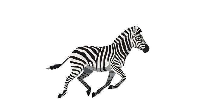 Stylized depiction of a zebra in full gallop on a white backdrop with dynamic pose and bold stripe contrasts, emphasizing speed and elegance