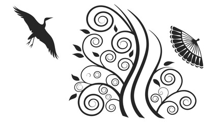 Obraz premium Elegant floral design elements featuring a crane, umbrella, leaves, swirls, and decorative patterns for various creative projects