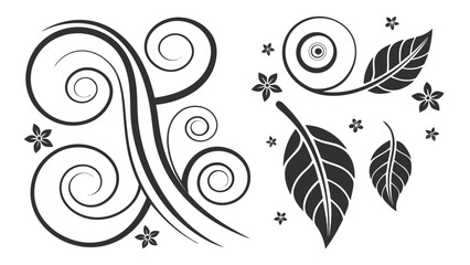 Elegant floral design elements featuring leaves, flowers, swirls, and decorative patterns for various creative projects
