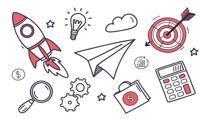 Hand drawn business doodles featuring a rocket, lightbulb, cloud, target, paper airplane, calculator, magnifier, gear, and shopping bag