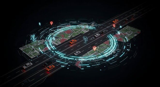 Futuristic Autonomous Cars Navigating Digital Cityscape with GPS Tracking and Data Visualization.