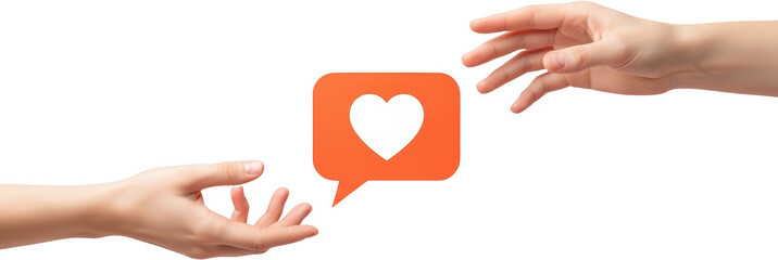 Two hands reaching for an orange speech bubble with a white heart inside isolate collage love like social media