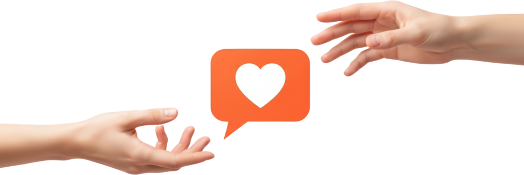 Two hands reaching for an orange speech bubble with a white heart inside isolate collage love like social media