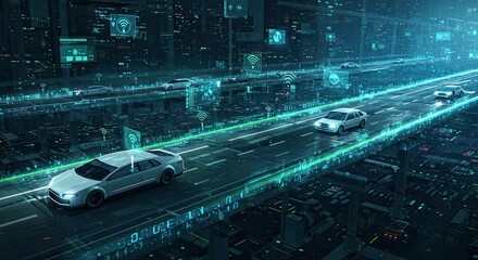 Futuristic Autonomous Vehicles Navigating a Digitally Enhanced Urban Landscape at Night