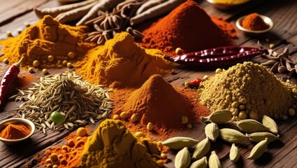 Colorful spices arranged on a rustic wooden surface.