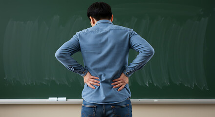 Man suffering from lower back pain, hands on back, standing in front of a green chalkboard in a classroom