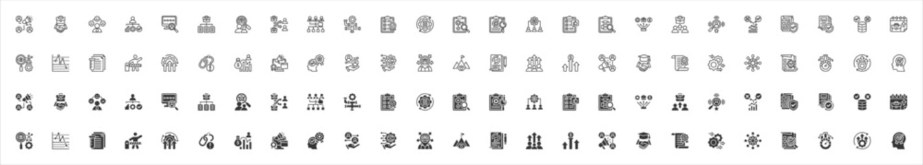 Business operation icon collection set outline and black solid style. Containing marketing, agreement, leadership, business, timeline, structure, job, exchange, quality control, organization.