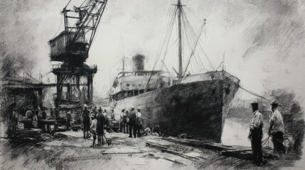 Fototapeta premium Charcoal sketch of a docked cargo ship with figures and a large loading crane