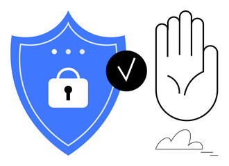 Blue shield with a lock, black checkmark, and outlined palm gesture signifying protection, approval, and restricted access. Ideal for cybersecurity, data protection, privacy, compliance