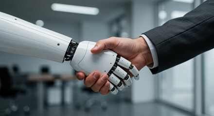 A human hand shakes a robotic hand in a modern office setting
