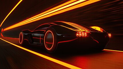 Futuristic car speeding through a tunnel with glowing neon lines.