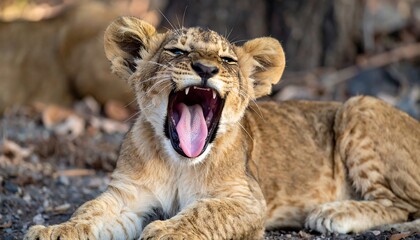 Yawning Lion Cub in Wild Habitat.