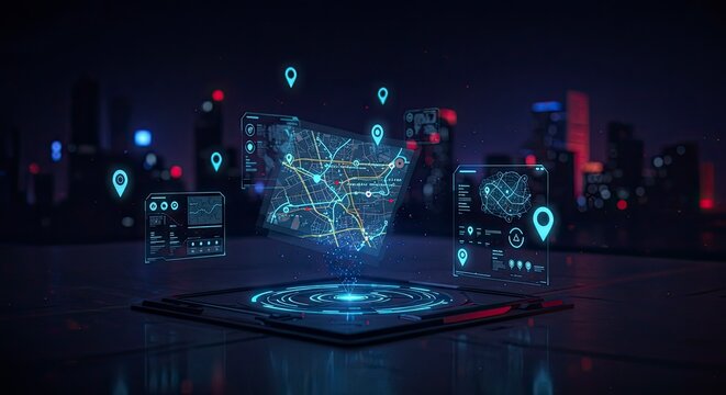 Futuristic City Navigation: Holographic Map Interface with Glowing Location Markers