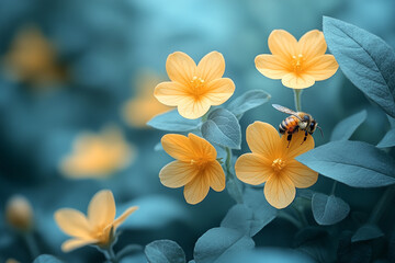 Fototapeta premium A macro perspective highlighting the vivid yellow of small summer flowers with a bee perched on one of the petals, with a background of soft blue and green foliage in a magical fairy garden setting. 