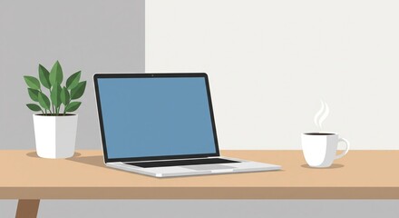 Laptop and coffee on a wooden desk next to a potted plant