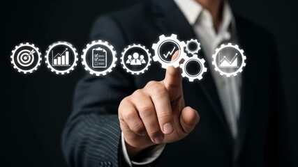 Businessman touching a digital interface with business process icons - Powered by Adobe