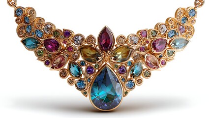 Ornate Gold Necklace with Assorted Gemstones on White Background