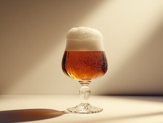 Foamy golden beer in crystal goblet-A glass goblet filled with golden beer topped with thick foam, placed under warm light on a minimalist background.