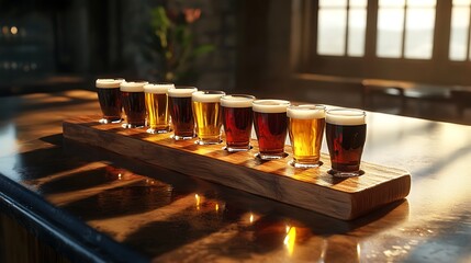Craft beer flight with tasting glasses-A wooden board holding a row of small tasting glasses filled with different varieties of craft beer in warm bar lighting.
