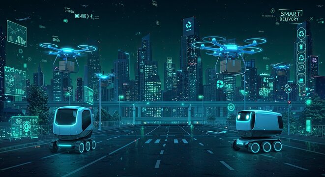 Futuristic Cityscape: Autonomous Delivery Robots and Drones in a Neon-Lit Metropolis