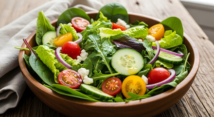 A vibrant and wholesome salad, bursting with fresh, crisp greens, juicy tomatoes, and cool cucumber, artfully arranged in a rustic wooden bowl, a testament to healthy eating and natural goodness