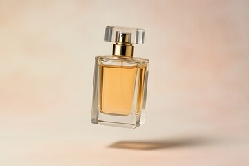 Elegant Clear Glass Perfume Bottle with Gold Accents on Soft Neutral Background