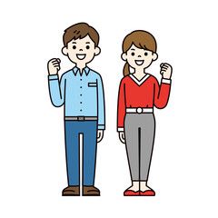 笑顔でガッツポーズをする若い男性と女性の全身イラスト＿ベクター＿カラー