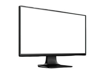 A black computer monitor with a blank white screen.  The monitor is angled slightly, showcasing its rectangular shape and glossy screen.  The base is a dark gray/black