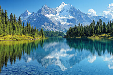 Naklejka premium A majestic mountain range with snow-capped peaks, reflected in a crystal-clear alpine lake, surrounded by pine trees.