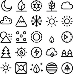 Collection of weather and nature icons representing climate seasons elements and natural phenomena simple outline graphics
