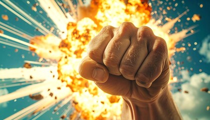 Symbol of immense power and inner strength with a clenched human fist against a fiery cinematic explosion backdrop.