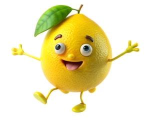 a cheerful lemon leaps with joy its cute face isolated on white background, png, ai generated.